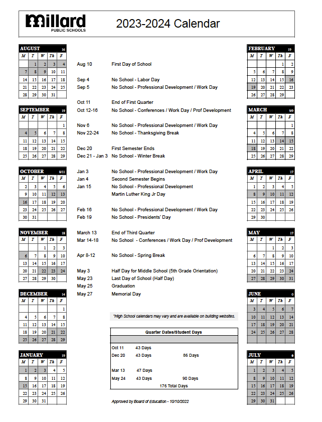 202324 Student Calendar Cather Elementary School Millard Public